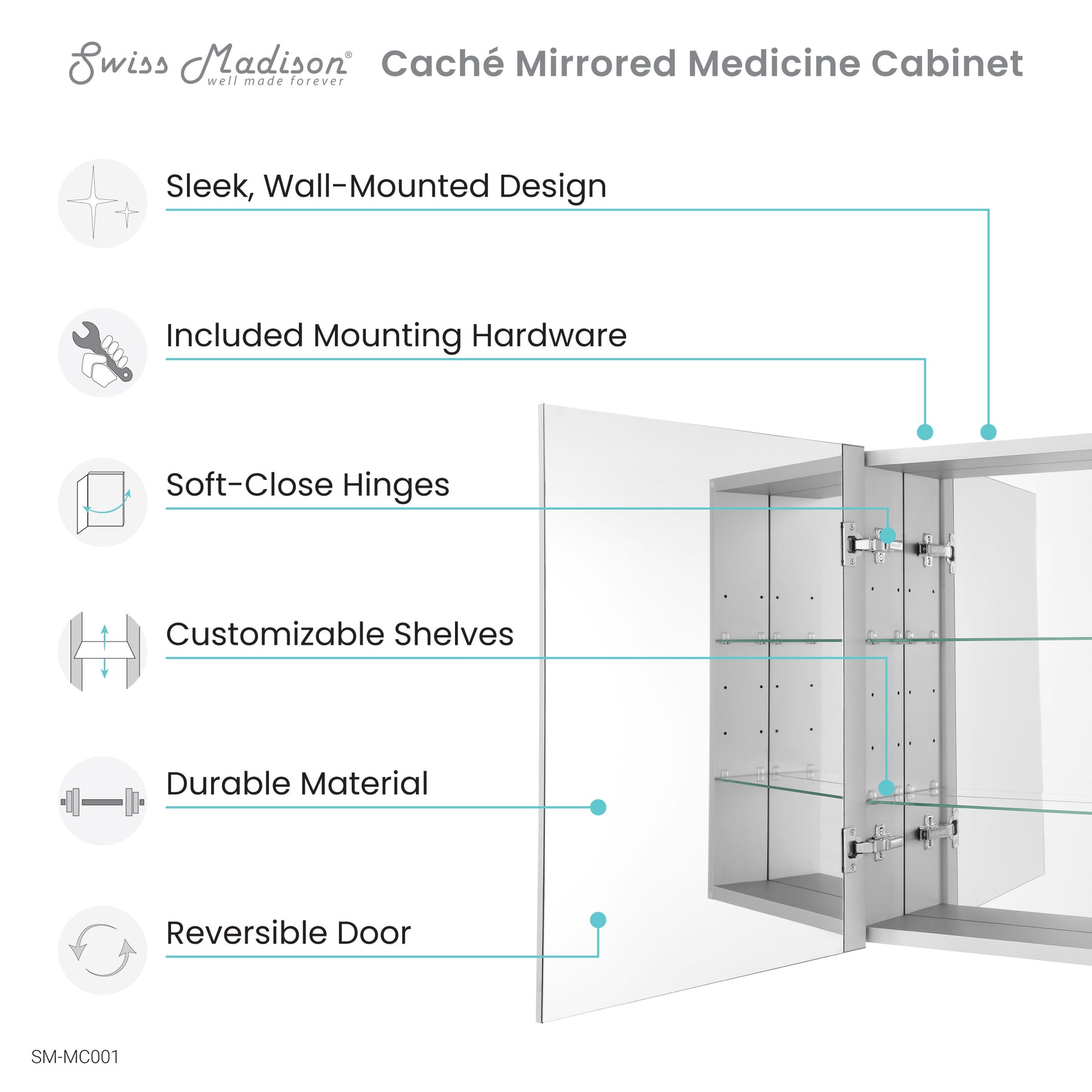 Swiss Madison Cache 20 in. x 30 in. Mirrored Aluminum Medicine Cabinet - SM-MC001