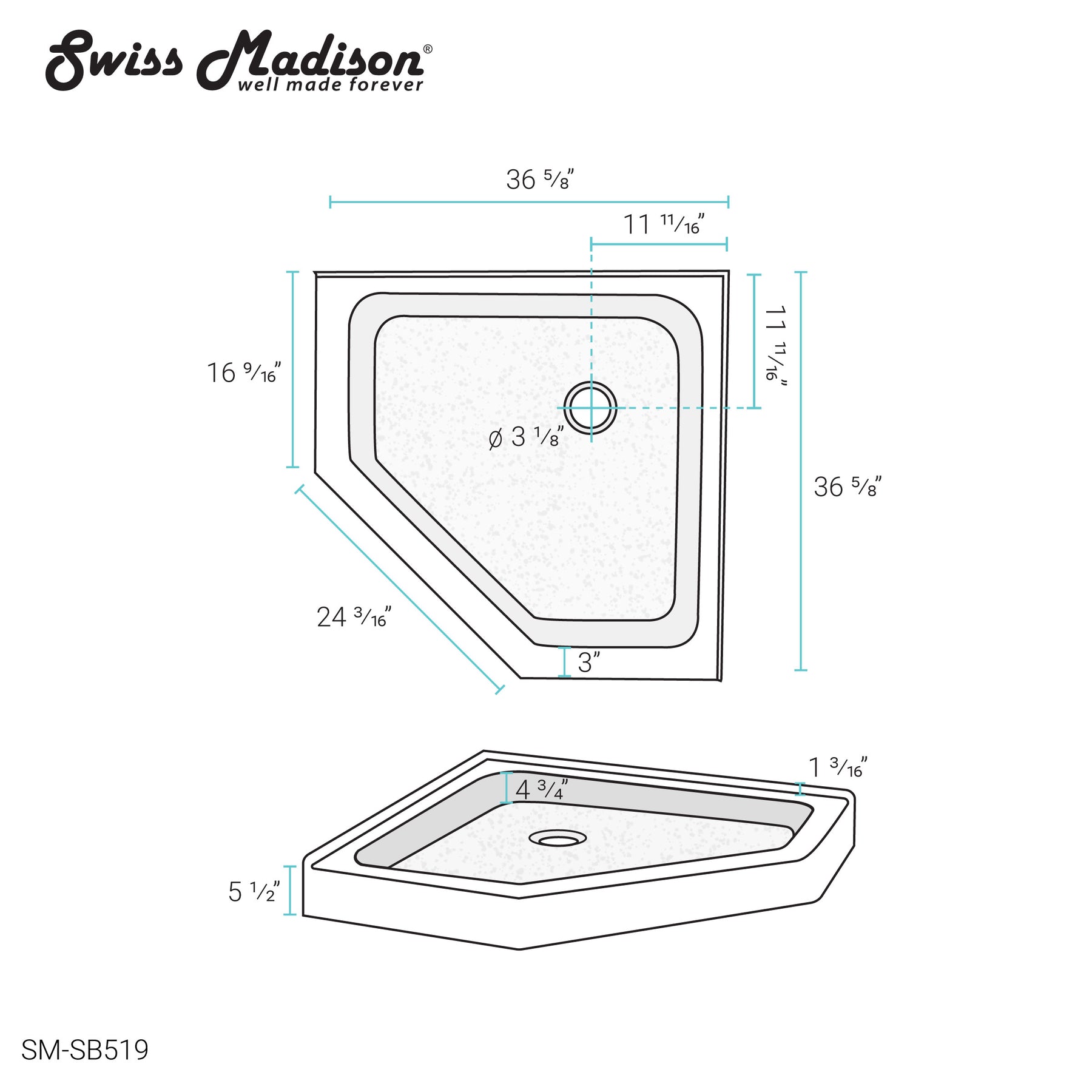 Swiss Madison Voltaire 36" X 36" Center Drain, Neo-Angle Shower Base - SM-SB519