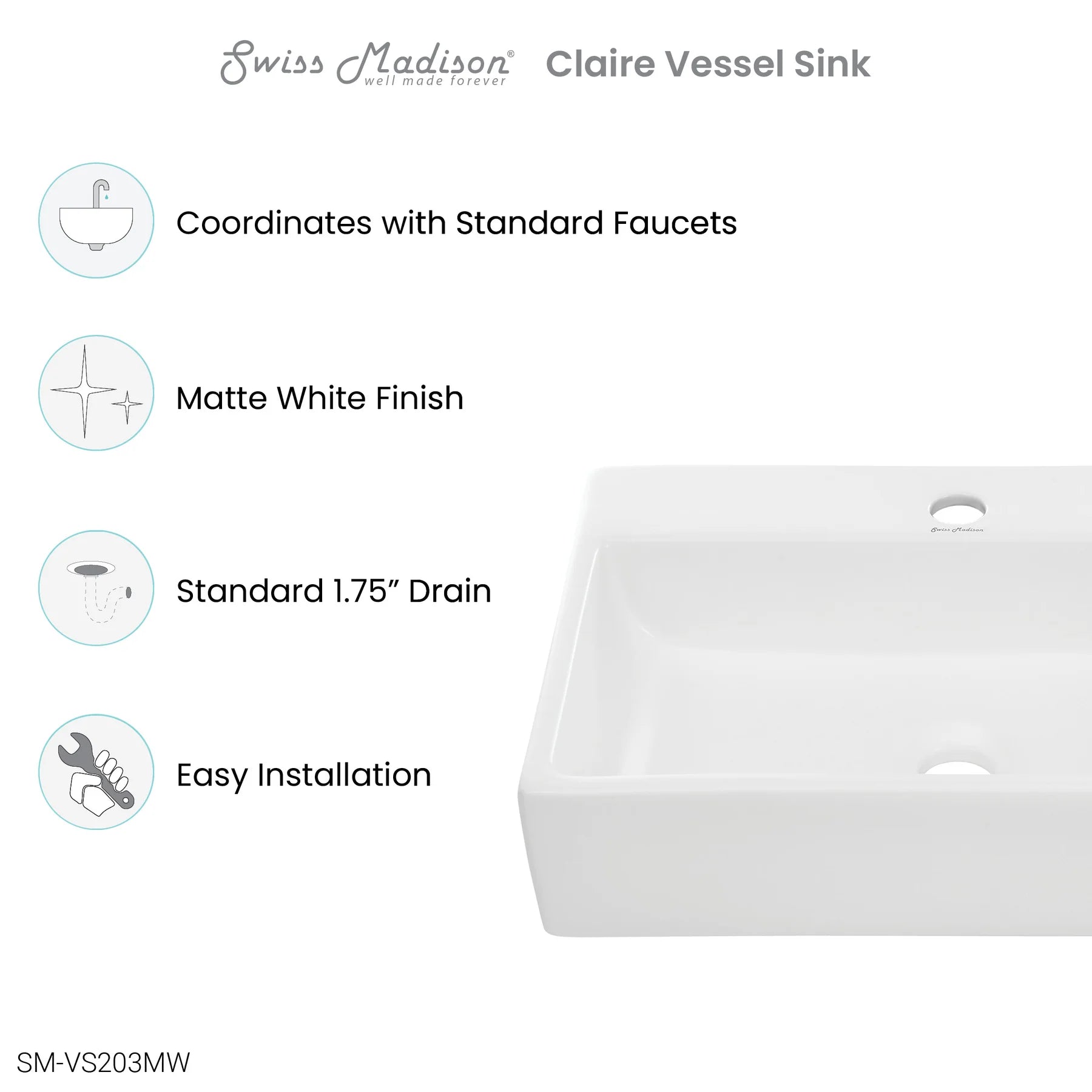 Swiss Madison Claire 20" Rectangle Ceramic Vessel Sink, Matte White - SM-VS203MW
