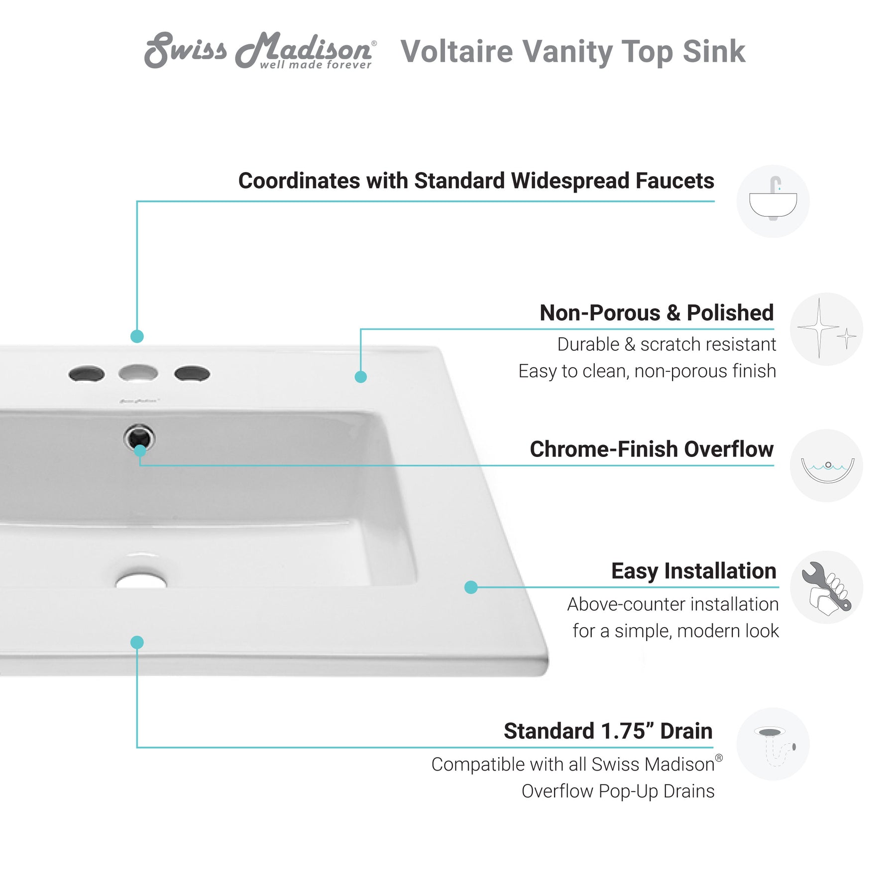 Swiss Madison Voltaire 25" Vanity Top Bathroom Sink with 4” Centerset Faucet Holes - SM-VT327-3