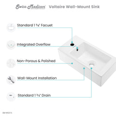 Swiss Madison Voltaire 19.5" Left Side Faucet Wall-Mount Bathroom Sink - SM-WS315