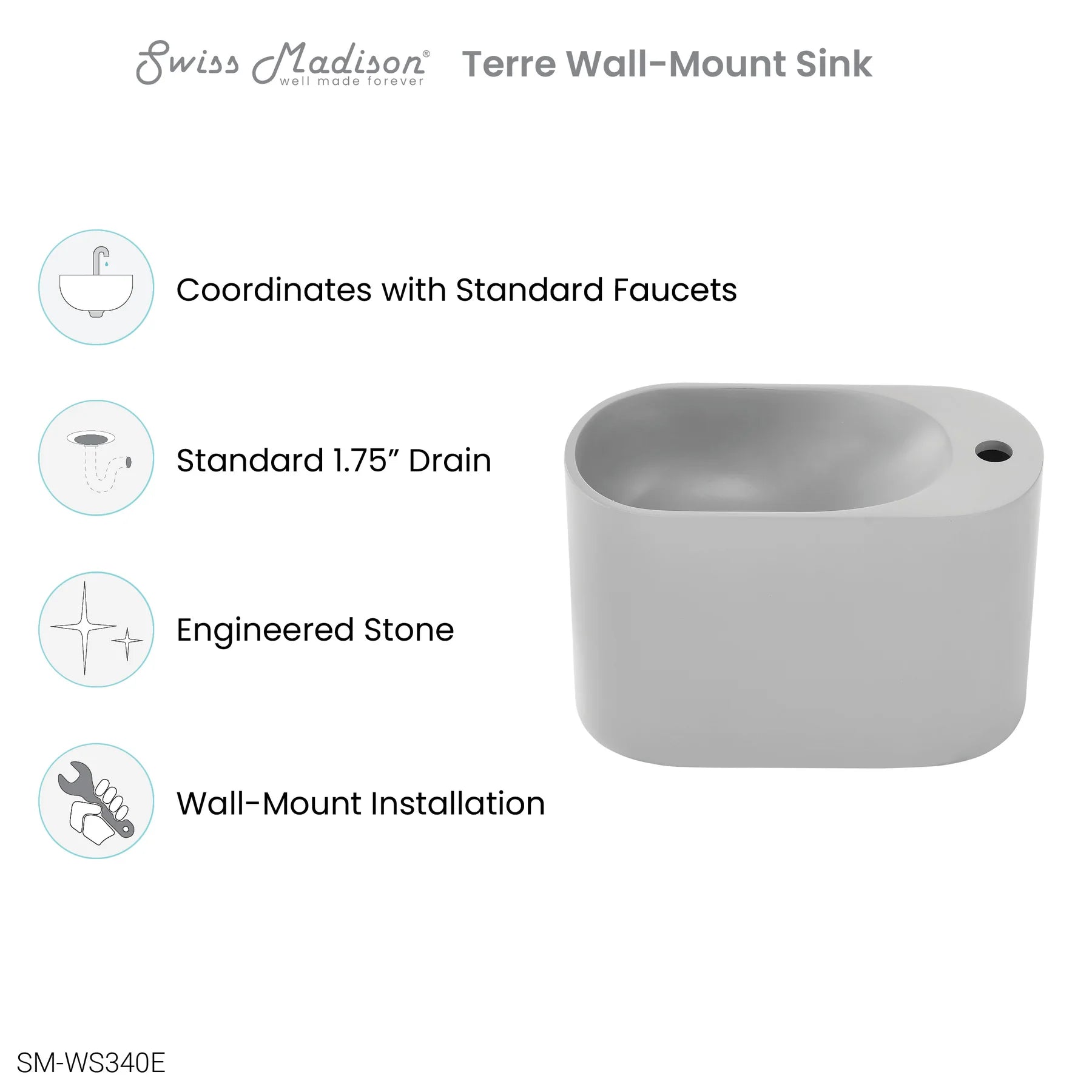 Swiss Madison Terre 17.5" Right Side Faucet Wall-Mount Bathroom Sink in Pashmina Grey - SM-WS340E