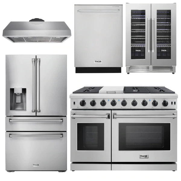 Thor Appliance Package - 48 In. Gas Range, Range Hood, Refrigerator with Water and Ice Dispenser, Dishwasher & Wine Cooler