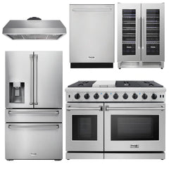 Thor Appliance Package - 48 In. Gas Range, Range Hood, Refrigerator with Water and Ice Dispenser, Dishwasher & Wine Cooler