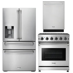 Thor Kitchen 30 in. Natural Gas Range, 36 in. Refrigerator with Water and Ice Dispenser & 24 in. Dishwasher