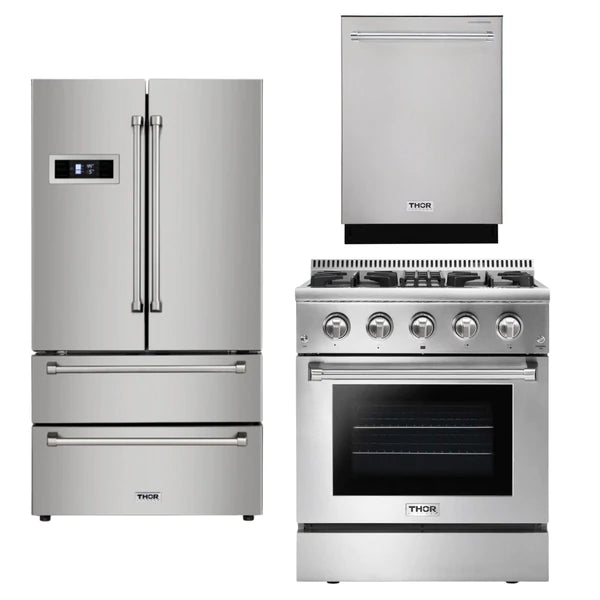 Thor Kitchen Package - 30 in. Propane Gas Burner/Electric Oven Range, Refrigerator, Dishwasher