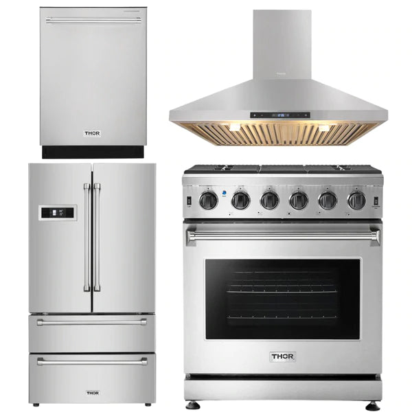 Thor Kitchen 30 in. Propane Gas Range, Range Hood, Dishwasher and Refrigerator