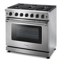 Thor Kitchen Package - 36 in. Natural Gas Range, Range Hood, Microwave Drawer, Refrigerator, Dishwasher