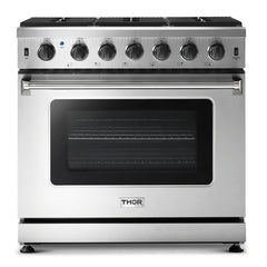 Thor Kitchen Package - 36 in. Natural Gas Range, Range Hood, Microwave Drawer, Refrigerator with Fridge and Ice Maker, Dishwasher, Wine Cooler
