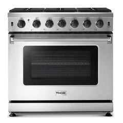 Thor Kitchen Package - 36 in. Natural Gas Range, Range Hood, Microwave Drawer, Refrigerator, Dishwasher