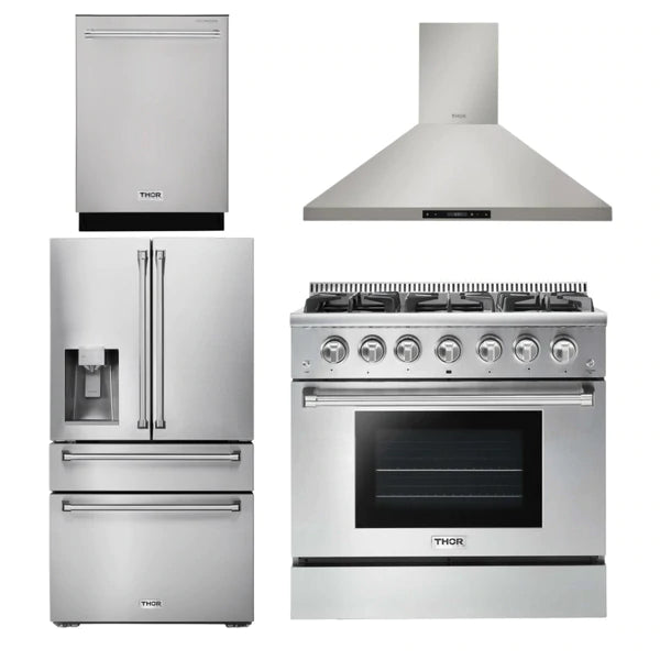 Thor Kitchen Package - 36 In. Gas Range, Range Hood, Refrigerator with Water and Ice Dispenser, Dishwasher