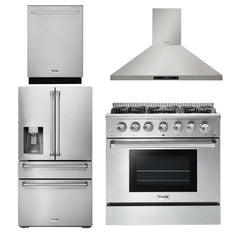 Thor Kitchen Package - 36 In. Gas Range, Range Hood, Refrigerator with Water and Ice Dispenser, Dishwasher