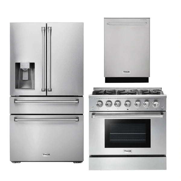 Thor Kitchen Package - 36 In. Natural Gas Range, Refrigerator with Water and Ice Dispenser, Dishwasher