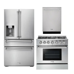 Thor Kitchen Package - 36 In. Natural Gas Range, Refrigerator with Water and Ice Dispenser, Dishwasher