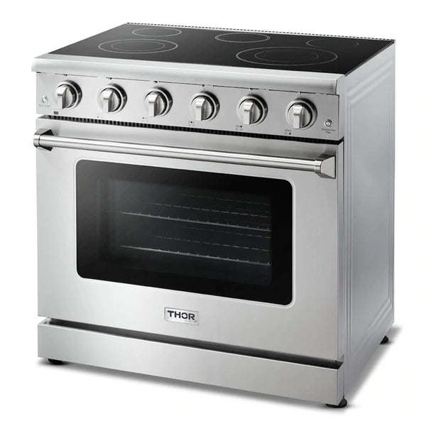 Thor Kitchen Appliance Package - 36 in. Electric Range, Range Hood, Refrigerator, Dishwasher, Wine Cooler