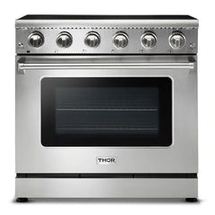 Thor Kitchen Appliance Package - 36 In. Electric Range, Range Hood, Refrigerator with Water and Ice Dispenser, Dishwasher