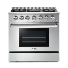 Thor Kitchen Package - 36 In. Propane Gas Range, Range Hood, Refrigerator with Water and Ice Dispenser, Dishwasher