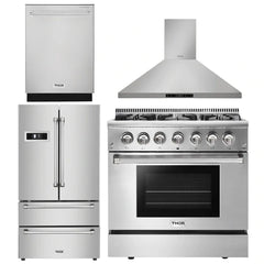 Thor Kitchen Package - 36 in. Propane Gas Burner/Electric Oven Range, Range Hood, Dishwasher, Refrigerator