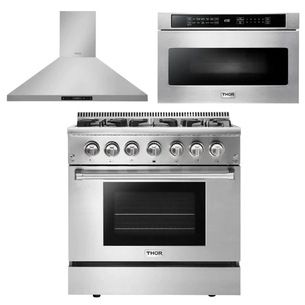 Thor Kitchen Package - 36 in. Propane Gas Burner/Electric Oven Range, Range Hood, Microwave Drawer