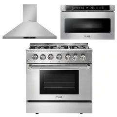 Thor Kitchen Package - 36 in. Propane Gas Burner/Electric Oven Range, Range Hood, Microwave Drawer