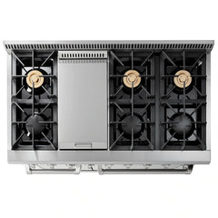Thor Kitchen Package - 48 in. Propane Gas Range, Range Hood, Microwave Drawer - Stainless Steel Knobs