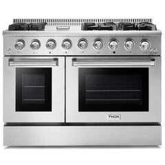 Thor Kitchen Package - 48 in. Propane Gas Range, Range Hood, Microwave Drawer - Stainless Steel Knobs