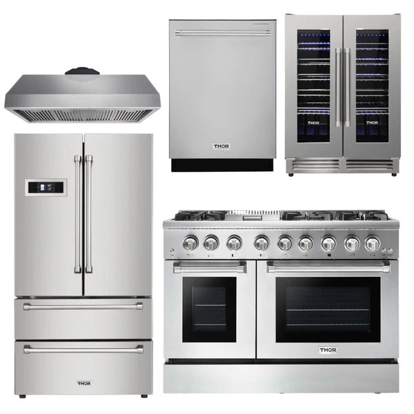 Thor Kitchen Appliance Package - 48 inch Dual Fuel Range, Range Hood, Refrigerator, Dishwasher, Wine Cooler