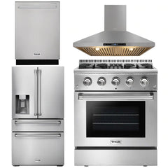 Thor Kitchen Appliance Package - 30 In. Propane Gas Burner/Electric Oven Range, Range Hood, Refrigerator with Water and Ice Dispenser, Dishwasher