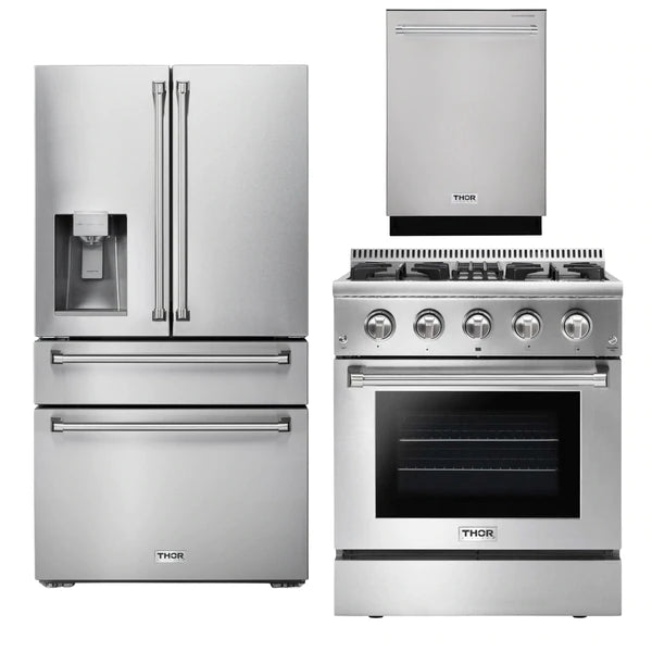 Thor Kitchen Appliance Package - 30 In. Propane Gas Burner/Electric Oven Range, Refrigerator with Water and Ice Dispenser, Dishwasher