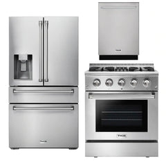 Thor Kitchen Appliance Package - 30 In. Propane Gas Burner/Electric Oven Range, Refrigerator with Water and Ice Dispenser, Dishwasher