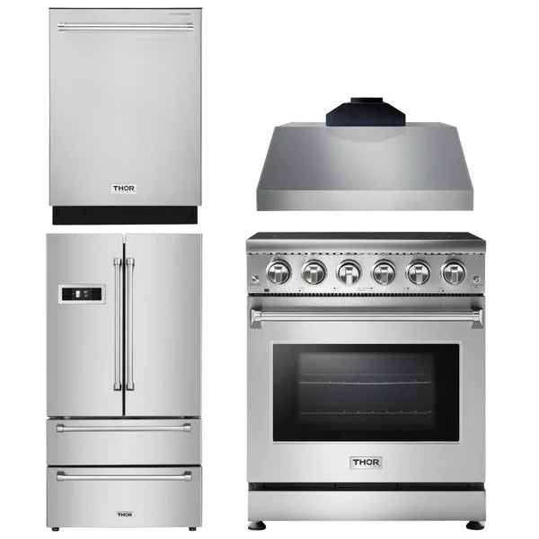 Thor Kitchen Appliance Package - 30 In. Electric Range, Range Hood, Counter-Depth Refrigerator, Dishwasher