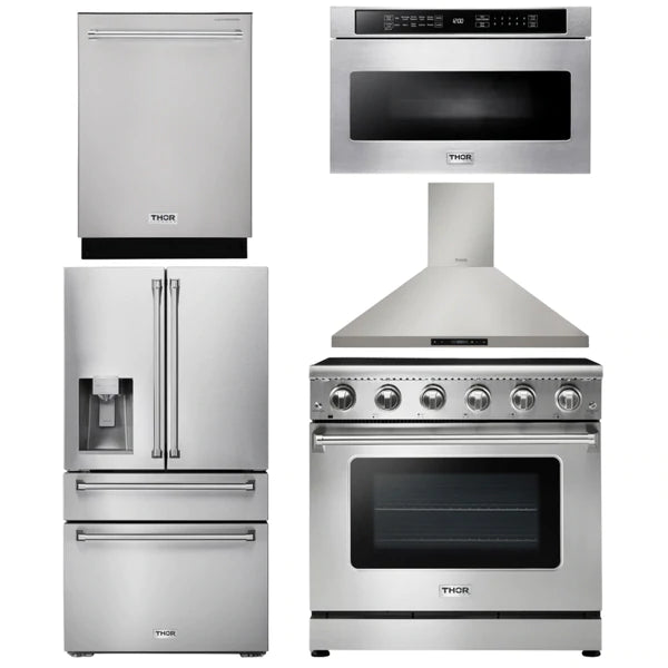 Thor Kitchen Appliance Package - 36 in. Electric Range, Range Hood, Microwave Drawer, Refrigerator with Water and Ice Dispenser, Dishwasher