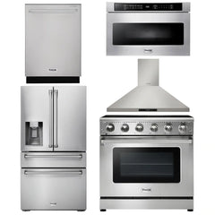 Thor Kitchen Appliance Package - 36 in. Electric Range, Range Hood, Microwave Drawer, Refrigerator with Water and Ice Dispenser, Dishwasher