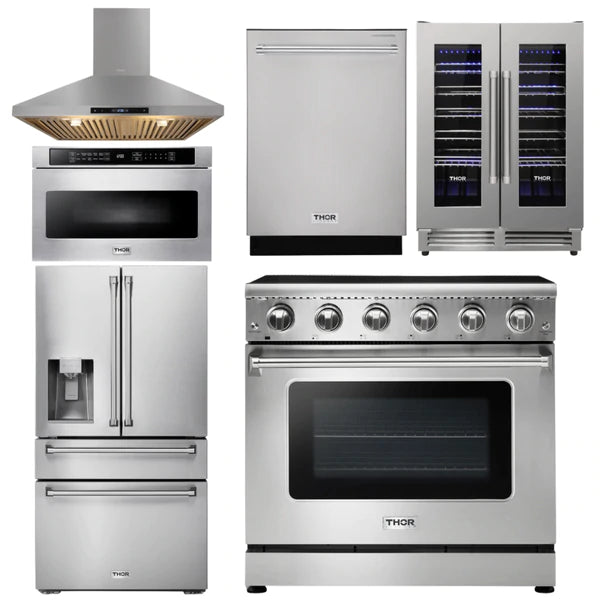 Thor Kitchen Package - 36 In. Electric Range, Range Hood, Microwave Drawer, Refrigerator with Water and Ice Dispenser, Dishwasher, Wine Cooler