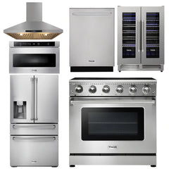 Thor Kitchen Package - 36 In. Electric Range, Range Hood, Microwave Drawer, Refrigerator with Water and Ice Dispenser, Dishwasher, Wine Cooler