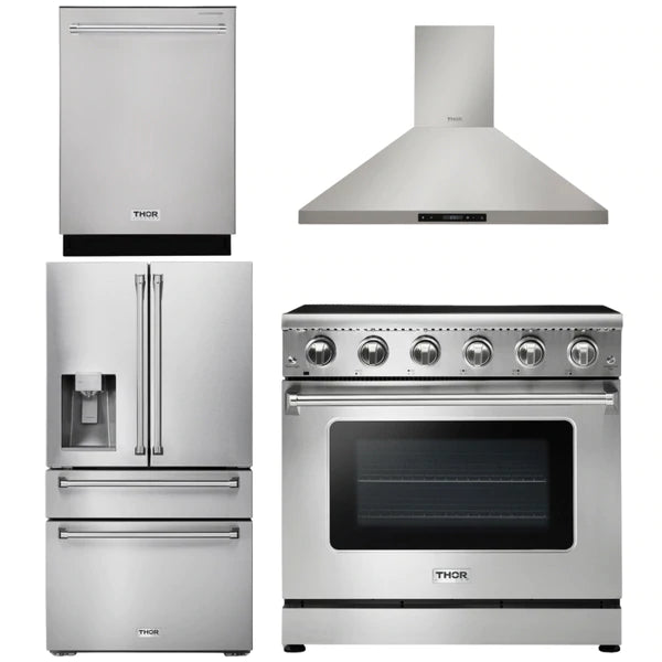 Thor Kitchen Appliance Package - 36 In. Electric Range, Range Hood, Refrigerator with Water and Ice Dispenser, Dishwasher
