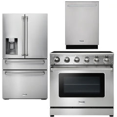 Thor Kitchen Appliance Package - 36 in. Electric Range, Refrigerator with Water and Ice Dispenser, Dishwasher