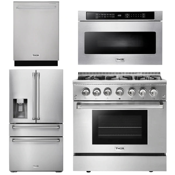 Thor Kitchen Appliance Package - 36 In. Gas Burner/Electric Oven Range, Microwave Drawer, Refrigerator with Water and Ice Dispenser, Dishwasher