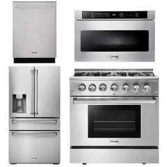 Thor Kitchen Appliance Package - 36 In. Gas Burner/Electric Oven Range, Microwave Drawer, Refrigerator with Water and Ice Dispenser, Dishwasher