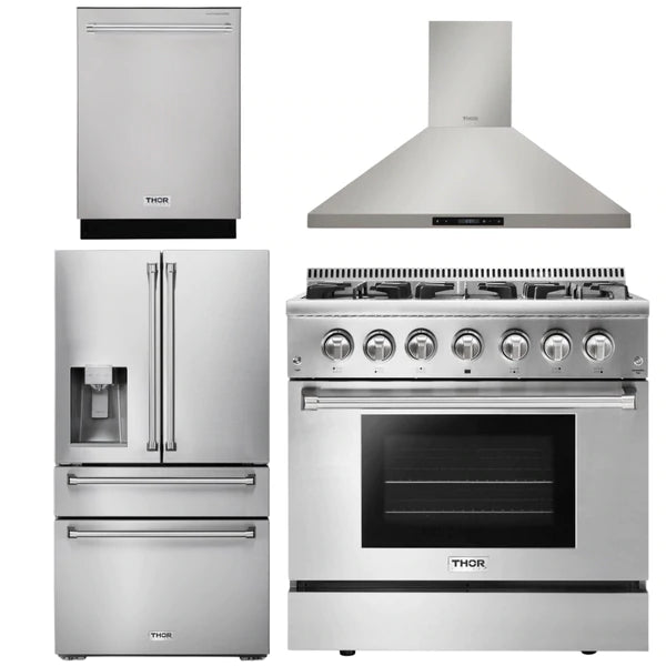 Thor Kitchen Appliance Package - 36 In. Propane Gas Burner/Electric Oven Range, Range Hood, Dishwasher, Refrigerator with Water and Ice Dispenser