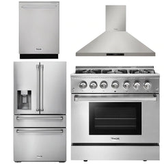Thor Kitchen Appliance Package - 36 In. Propane Gas Burner/Electric Oven Range, Range Hood, Dishwasher, Refrigerator with Water and Ice Dispenser