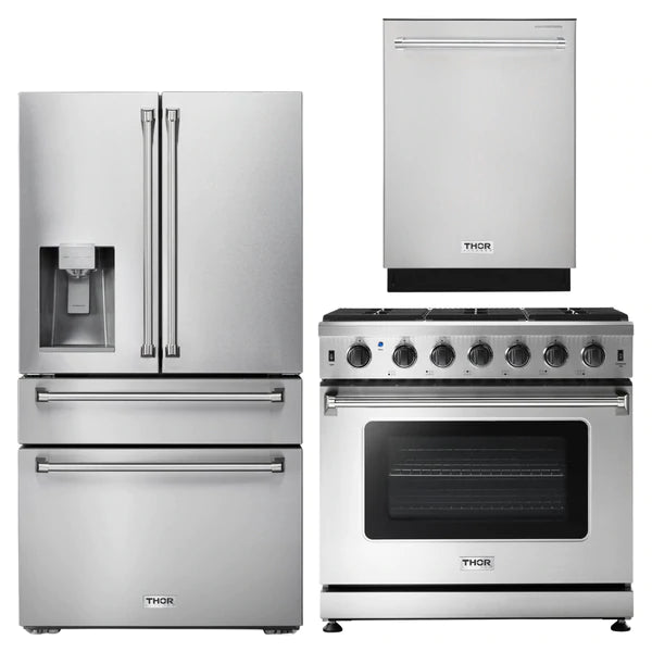 Thor Kitchen Appliance Package - 36 in. Propane Gas Range, Refrigerator with Water and Ice Dispenser, Dishwasher