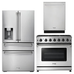Thor Kitchen Appliance Package - 36 in. Propane Gas Range, Refrigerator with Water and Ice Dispenser, Dishwasher