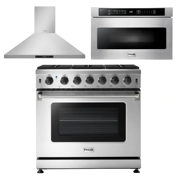 Thor Kitchen Appliance Package - 36 in. Natural Gas Range, Range Hood, Microwave Drawer