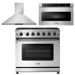 Thor Kitchen Appliance Package - 36 in. Natural Gas Range, Range Hood, Microwave Drawer