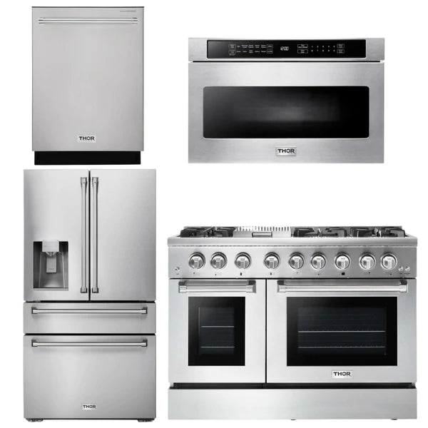 Thor Kitchen Package - 48 in. Propane Gas Burner, Electric Oven Range, Refrigerator with Water and Ice Dispenser, Dishwasher, Microwave Drawer