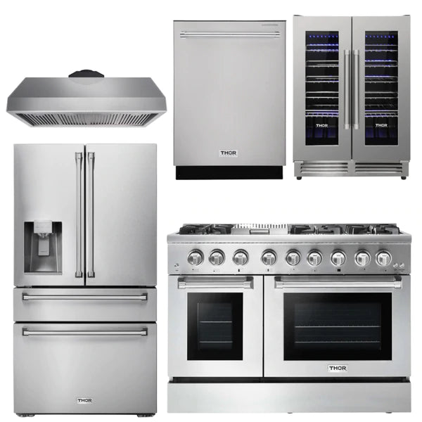 Thor Kitchen Package - 48 In. Propane Gas Burner, Electric Oven Range, Range Hood, Refrigerator with Water and Ice Dispenser, Dishwasher, Wine Cooler