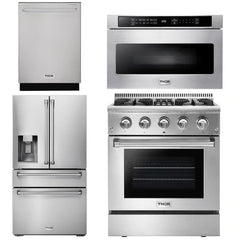 Thor Kitchen Package - 30 in. Gas Burner/Electric Oven Range, Microwave Drawer, Refrigerator with Water and Ice Dispenser, Dishwasher