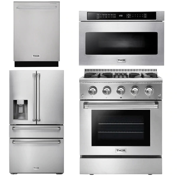 Thor Kitchen Package - 30 In. Propane Gas Burner/Electric Oven Range, Microwave Drawer, Refrigerator with Water and Ice Dispenser, Dishwasher