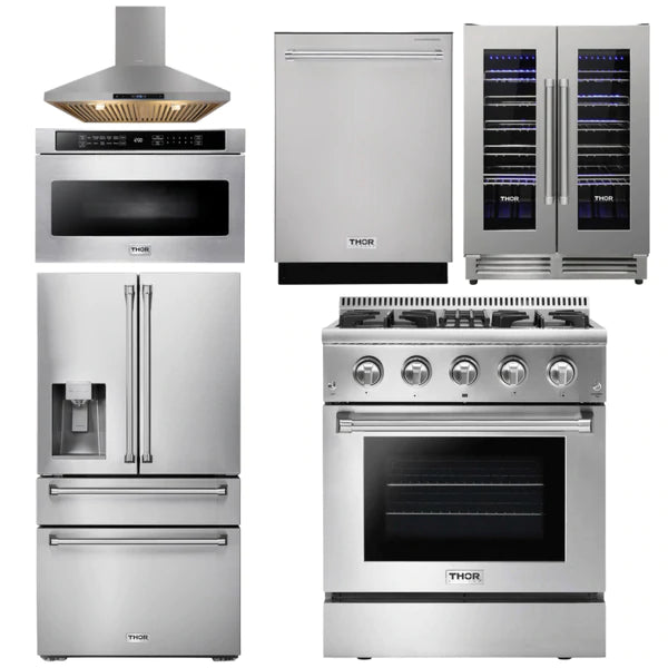 Thor Kitchen Package - 30 In. Propane Gas Burner/Electric Oven Range, Range Hood, Microwave Drawer, Refrigerator, Dishwasher, Wine Cooler